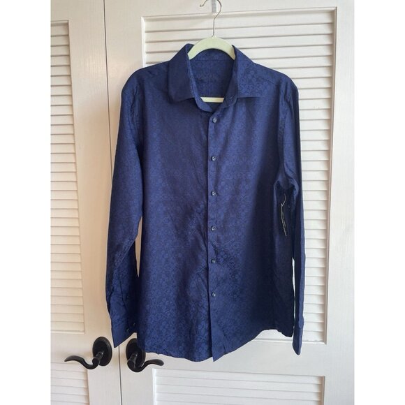 Tasso Elba Men’s Dress Shirt Navy Blue Geometric Pattern Long Sleeve Medium NWT - Picture 1 of 12